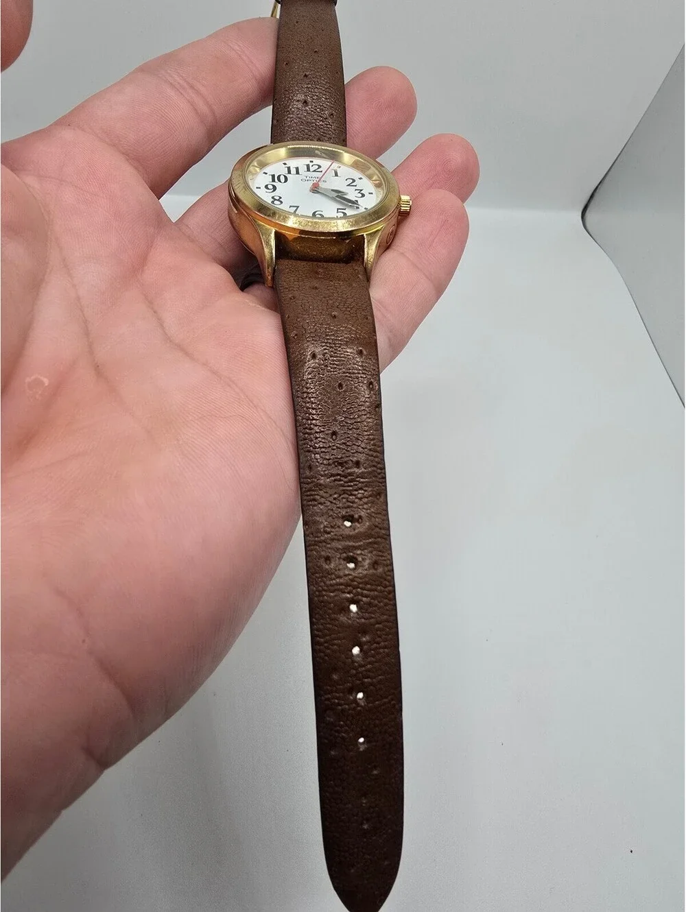Time Optics Watch White Arabic Dial Gold Tone Brown Leather Strap